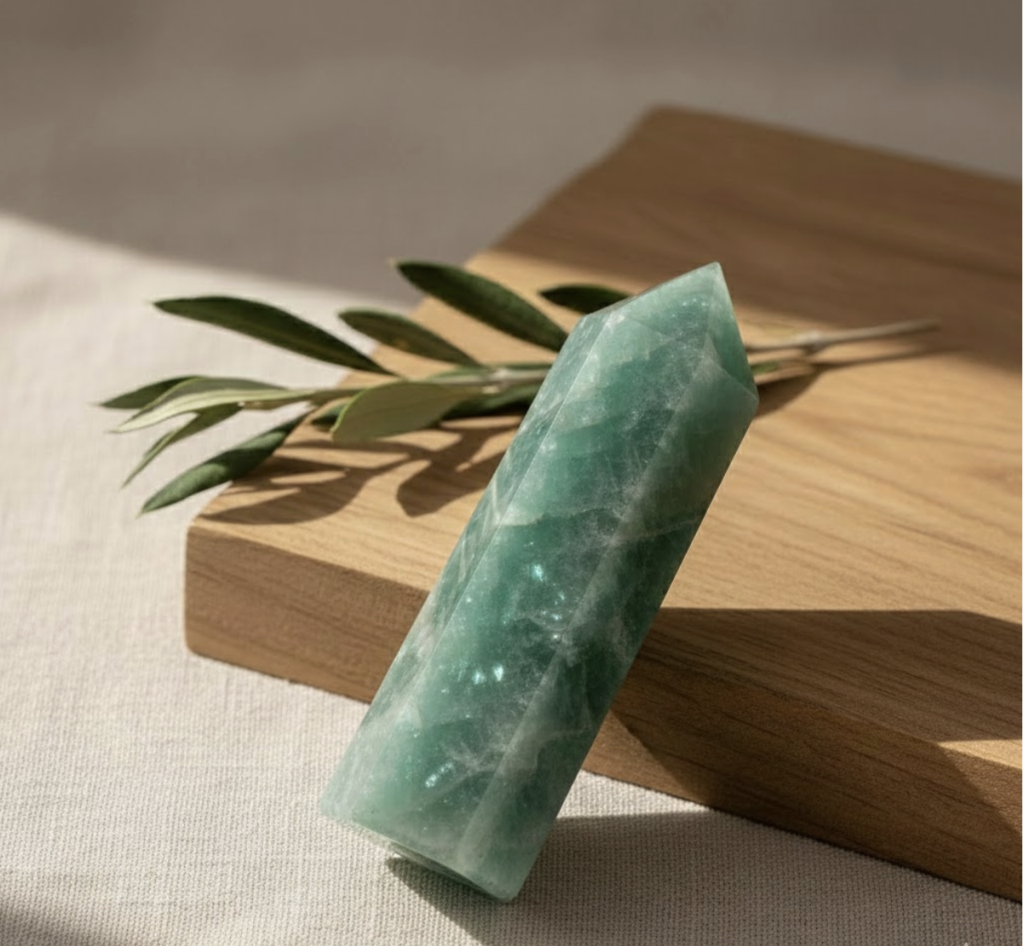 Trụ Thạch Anh Xanh (Green Aventurine) nguyên khối màu xanh lục bảo, đặt trên bàn làm việc cạnh laptop hoặc sổ tay. Trụ đá biểu tượng cho cơ hội, may mắn và sự tăng trưởng năng lượng Mộc.