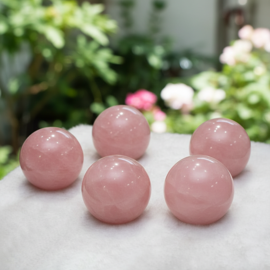 Nhóm quả cầu đá thạch anh hồng đặt trên bề mặt đá, chụp ngoài trời với nền cây xanh.